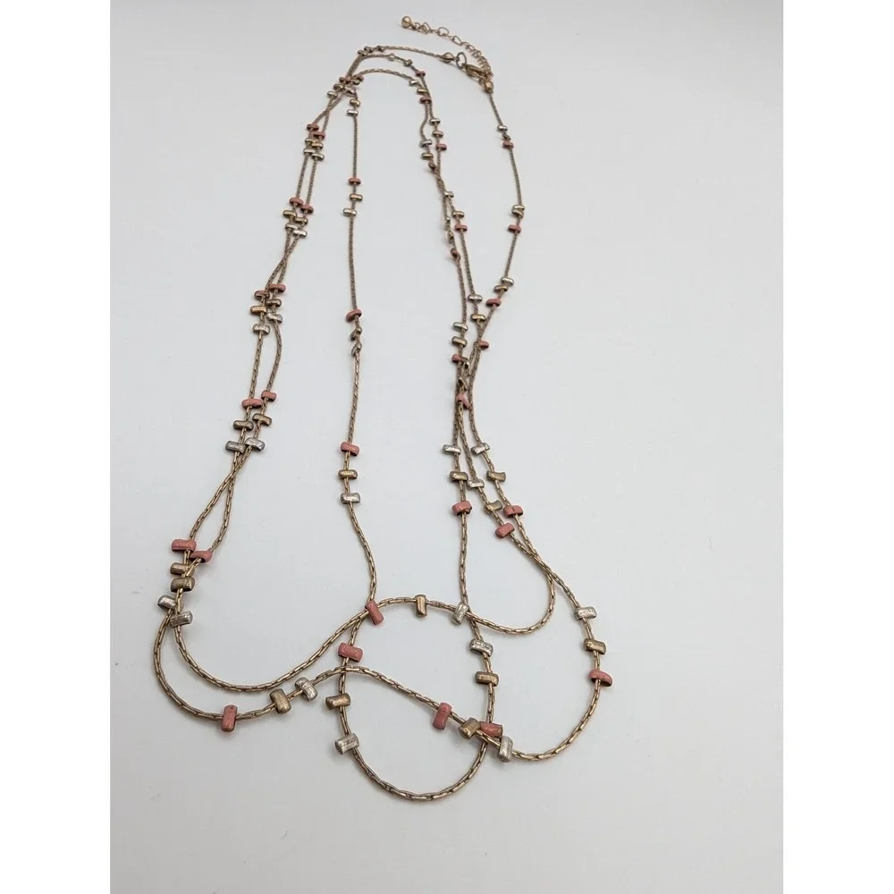 Triple Strand Layered‎ Necklace Gold Silver Coral Pink Bar Bead Long Chain